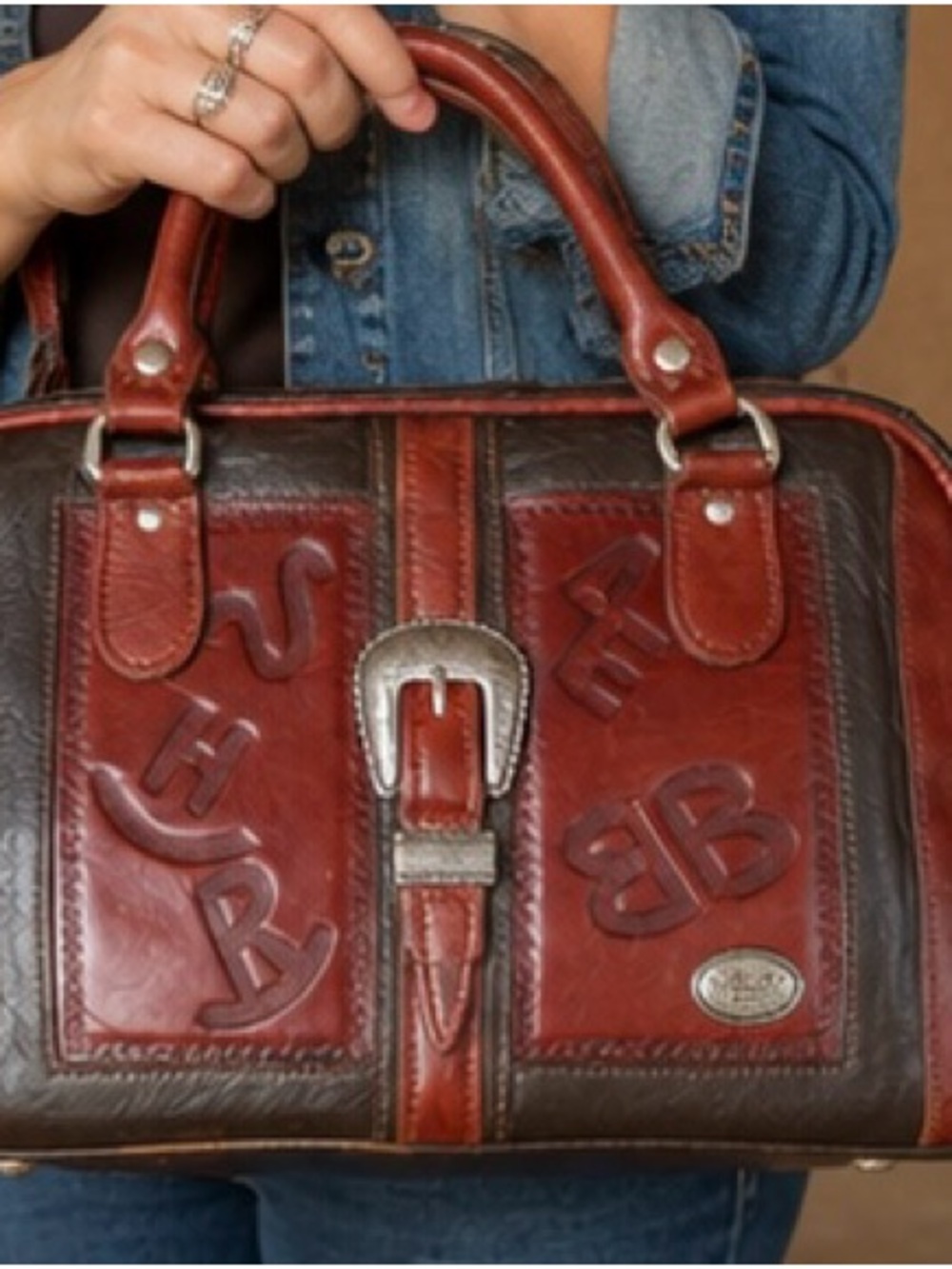 American West Hand Tooled Leather Satchel Purse Bag Brown